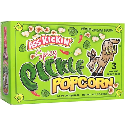 ASS KICKIN' Spicy Pickle Microwave Popcorn Bags - 3 Packs - Ultimate Spicy Pickle Gourmet Popcorn Gift - Makes a Great Movie Theater Popcorn or Snack