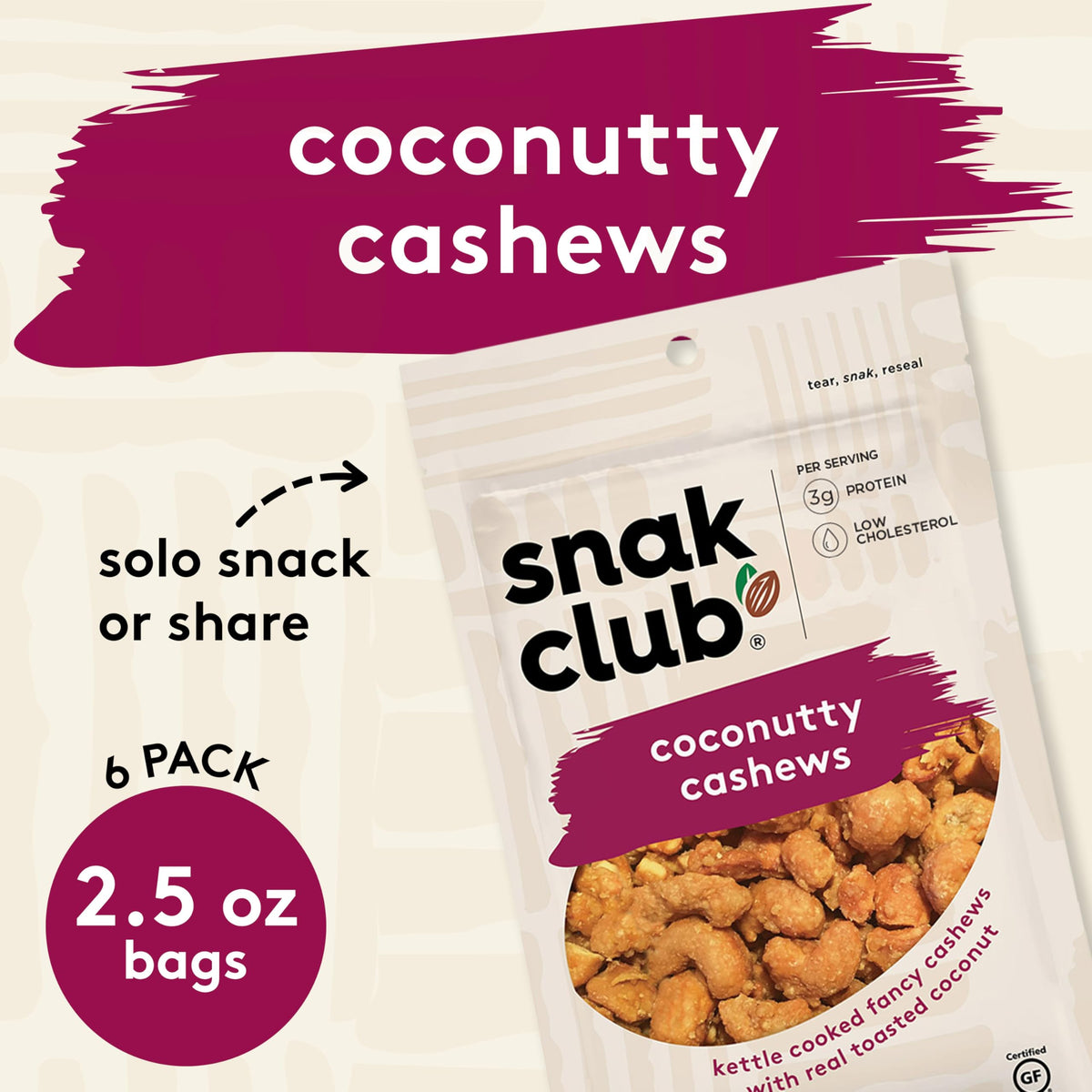 Snak Club Coconutty Cashews, Kettle Cooked Fancy Cashews with Toasted Coconut, Gluten-Free and Kosher Snack, 2.5 oz Snack Bags, 6 Pack