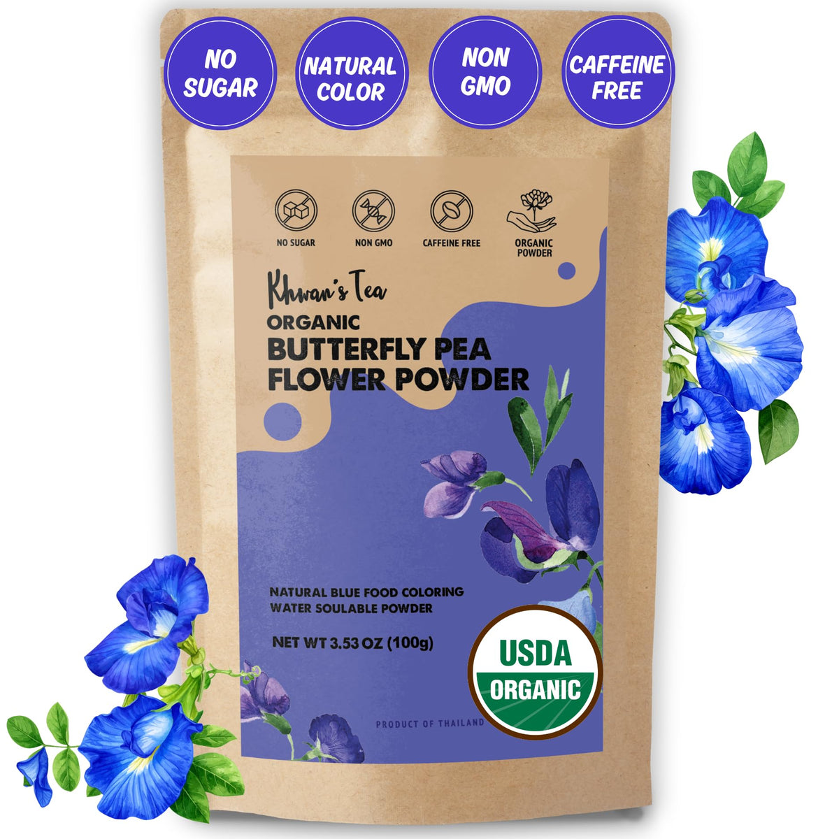 KHWAN'S TEA Butterfly Pea Flower Extract Powder, 3.5 oz(100g) USDA Organic, Vegan Blue Food Coloring, - Single-Origin Thai, Concentrated No Fiber