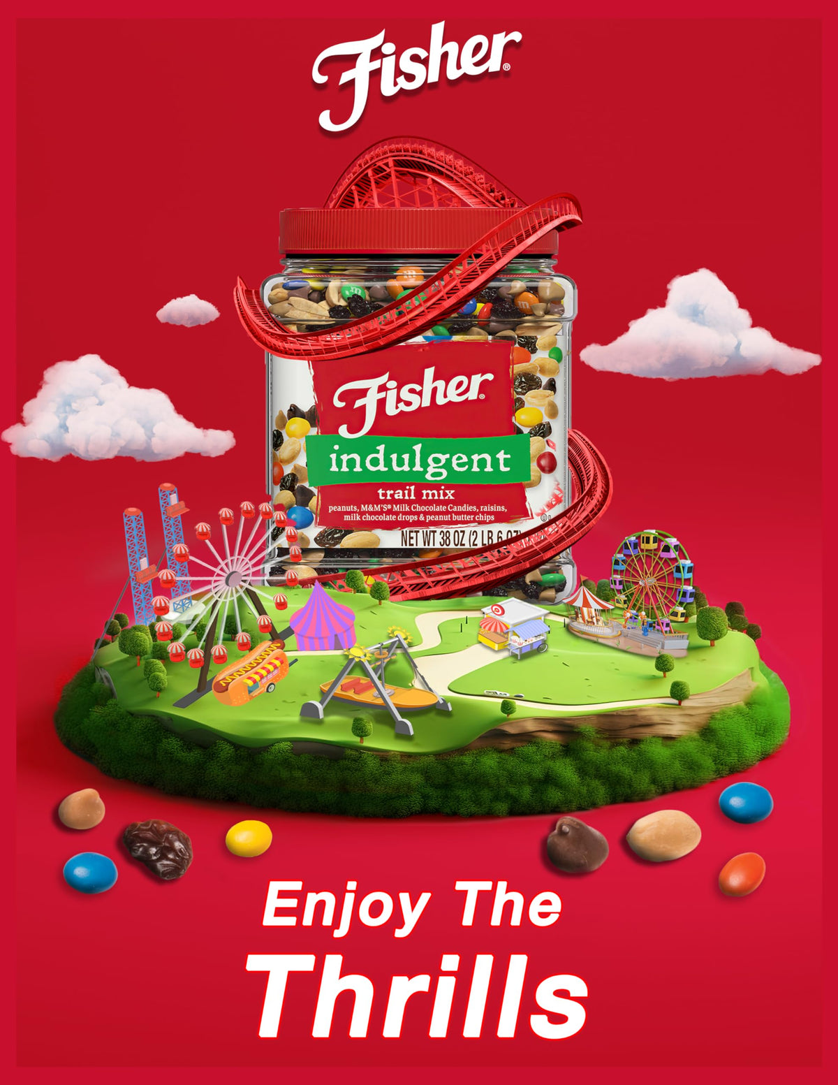 Fisher Snack Indulgent Bulk Trail Mix, 38 oz (Pack of 1), Peanuts, Milk Chocolate Candies, Raisins, Milk Chocolate and Peanut Butter Chips, Snacks