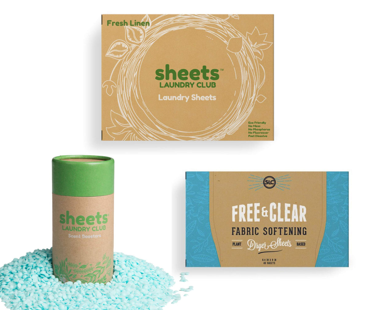 Sheets Laundry Club Bundle - 50 Pack (up to 100 loads) Fresh Linen Detergent Sheets, 40 Pack Vitality Dryer Sheets & 8 Oz. Uncharted Waters Scent