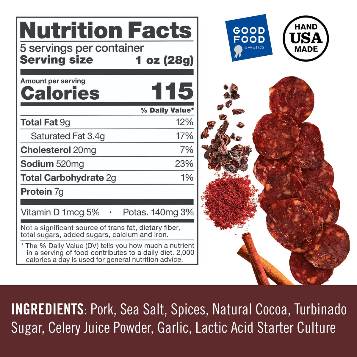 Coro Chipotle & Cocoa Dried Salami Stick - 5oz | Sweet, Savory, Bold Spices