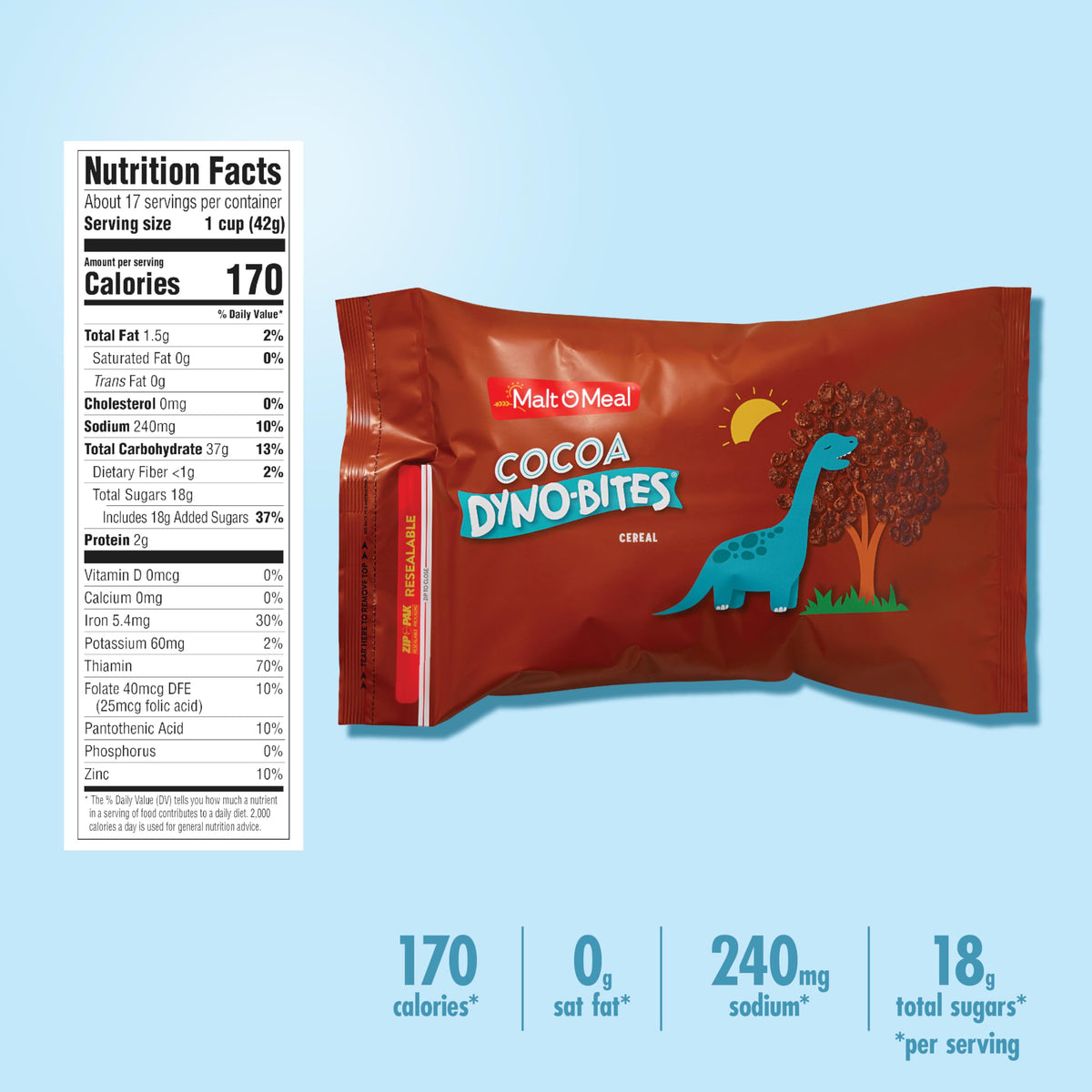 Malt-O-Meal Cocoa Dyno Bites Breakfast Cereal, Gluten Free Chocolate Crunch, Family Size, 25 oz Resealable Bag