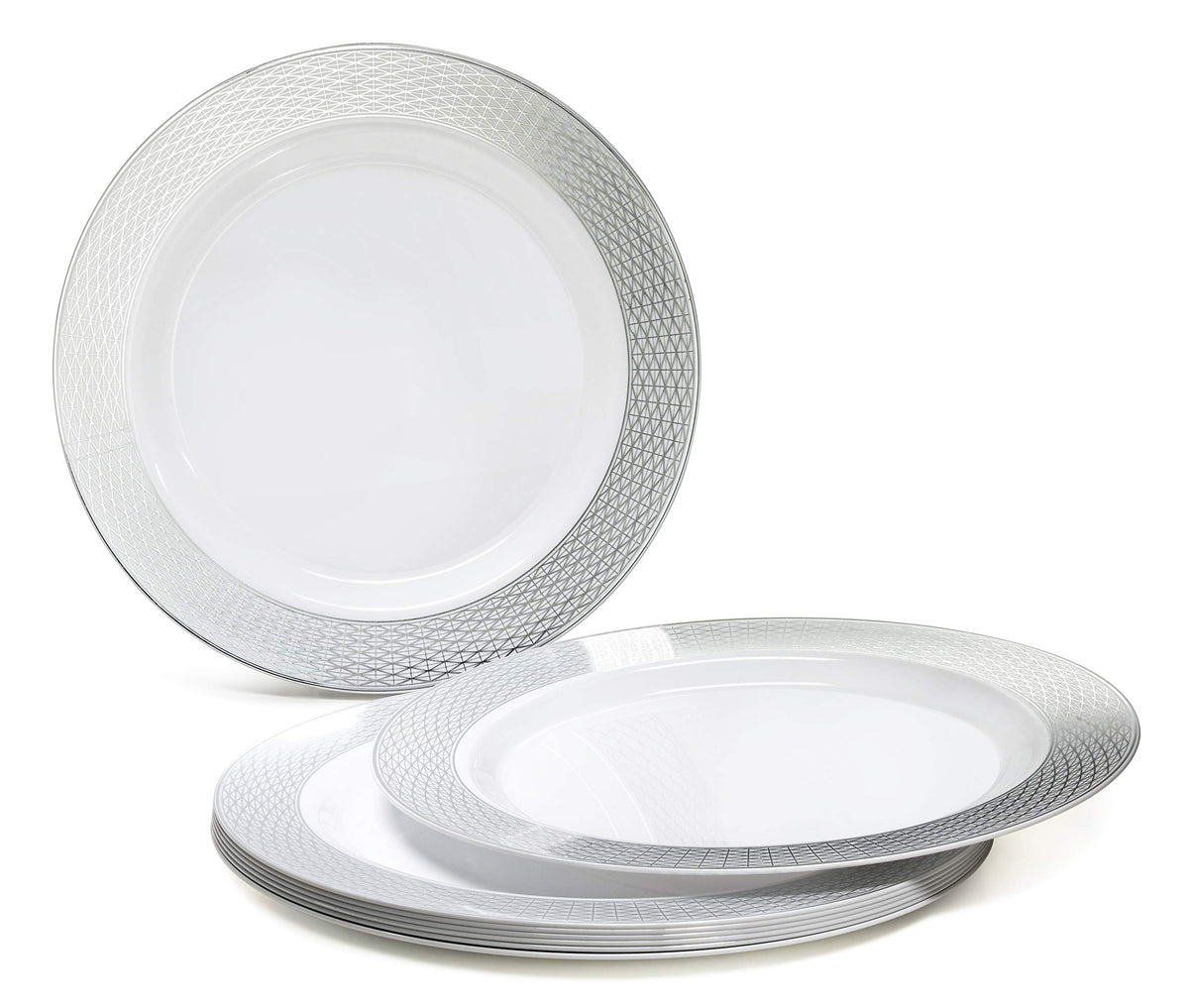 " OCCASIONS " 50 Plates Pack, Heavyweight Premium Disposable Plastic Plates Set (25 x 10.5'' Dinner + 25 x 6.25'' Cake plates) (Diamond in White