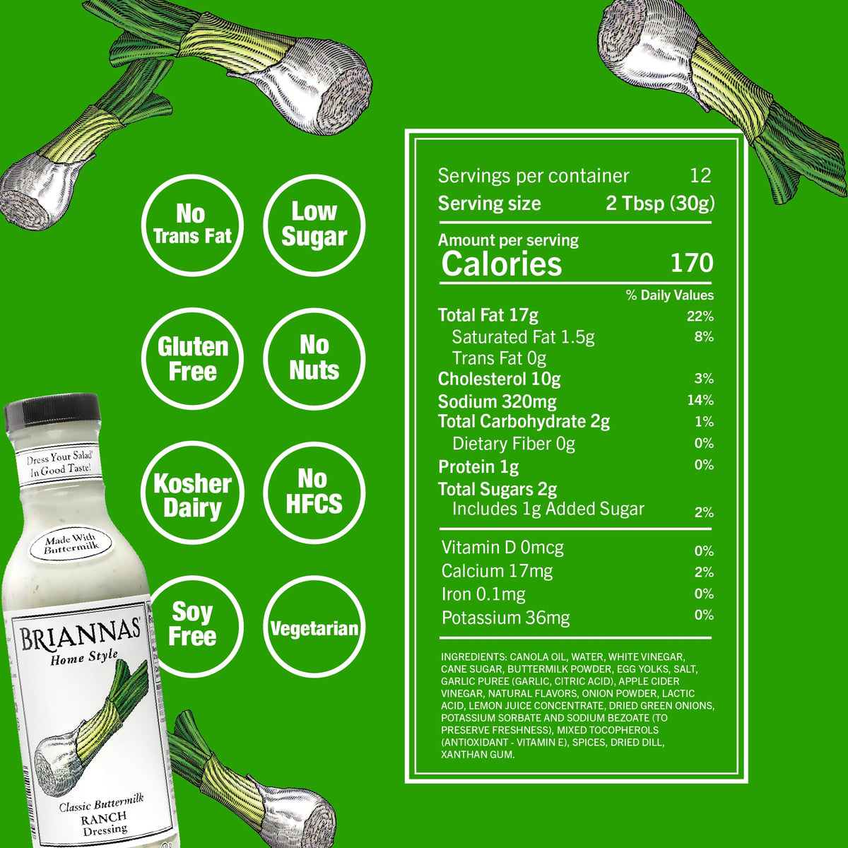 BRIANNAS - Home Style Classic Buttermilk Ranch Dressing - Fine Salad Dressing made with Premium Ingredients - Gluten Free, Kosher, & Low Sugar