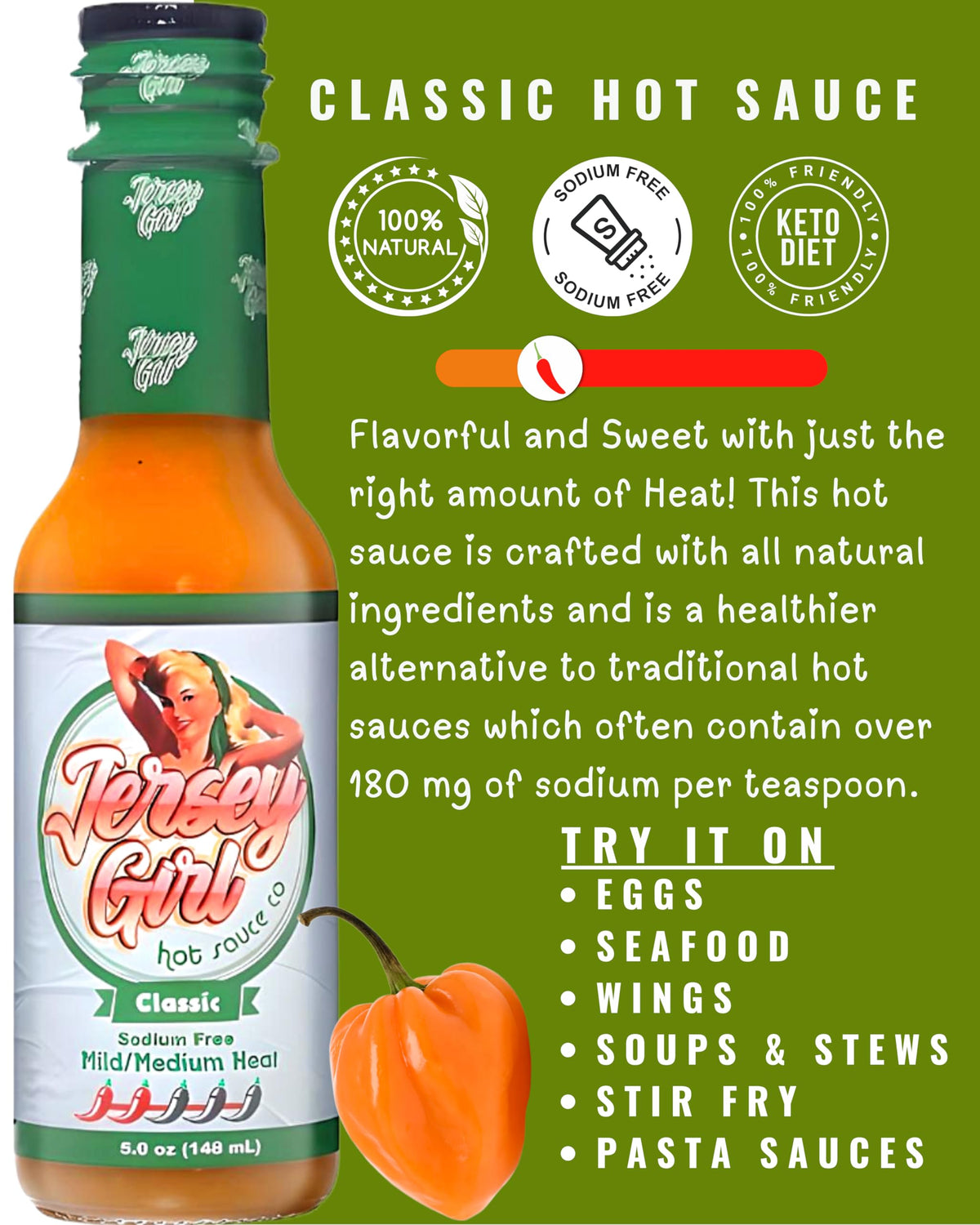Jersey Girl Habanero Hot Sauce 5oz (Classic) Made with 4 Pepper Varieties (No Added Salt/Sodium Free)