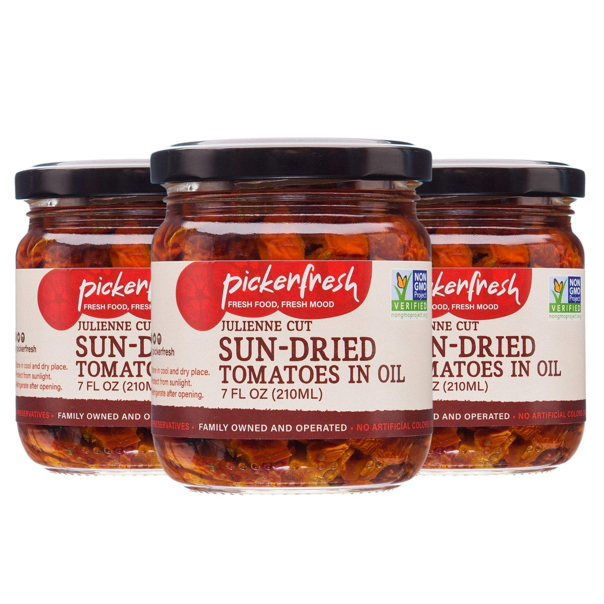 Pickerfresh Julienne Cut Sun-Dried Tomatoes In Oil with Herbs - Sulphite Free - Gourmet Sun-Dried Tomato Slices - Non-GMO, No Artificial Color & No