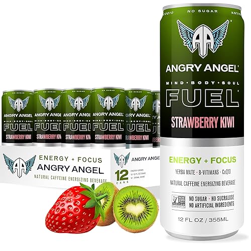 Angry Angel Strawberry Kiwi Natural Energy + Focus Drink (12 count) - Zero Sugar - Natural Caffeine from Yerba Mate - CoQ10 - B Vitamins - 12 oz Cans