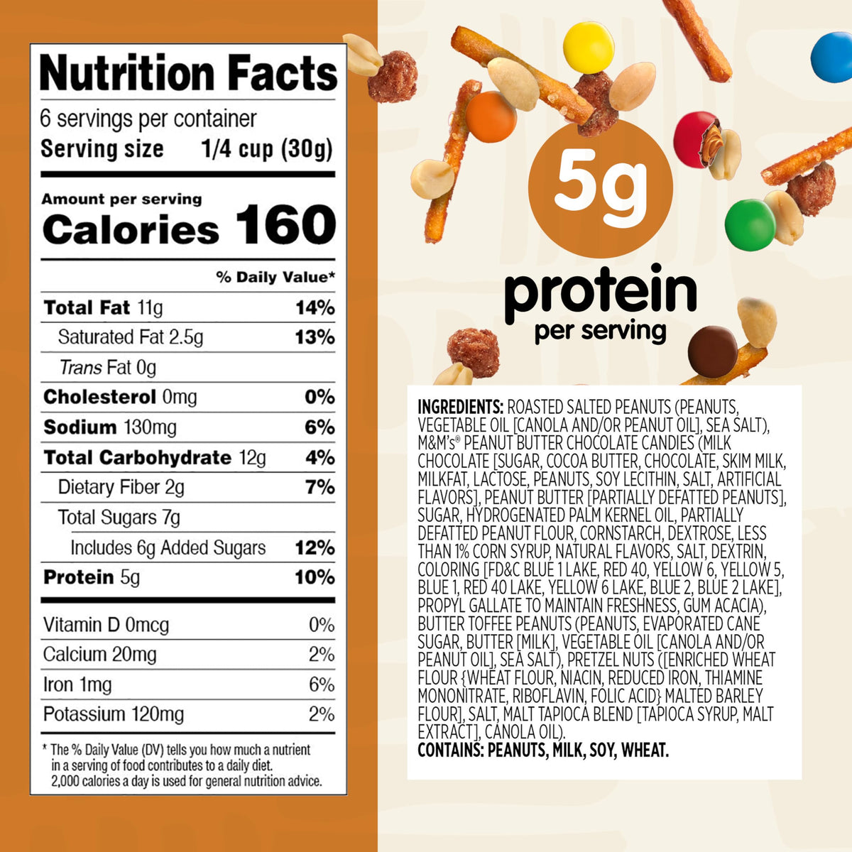 Snak Club Peanut Butter Chocolate Trail Mix with Peanuts, Peanut Butter M&M’S, Toffee Peanuts, and Pretzels, 6 oz Per Bag, 6 Resealable Bags