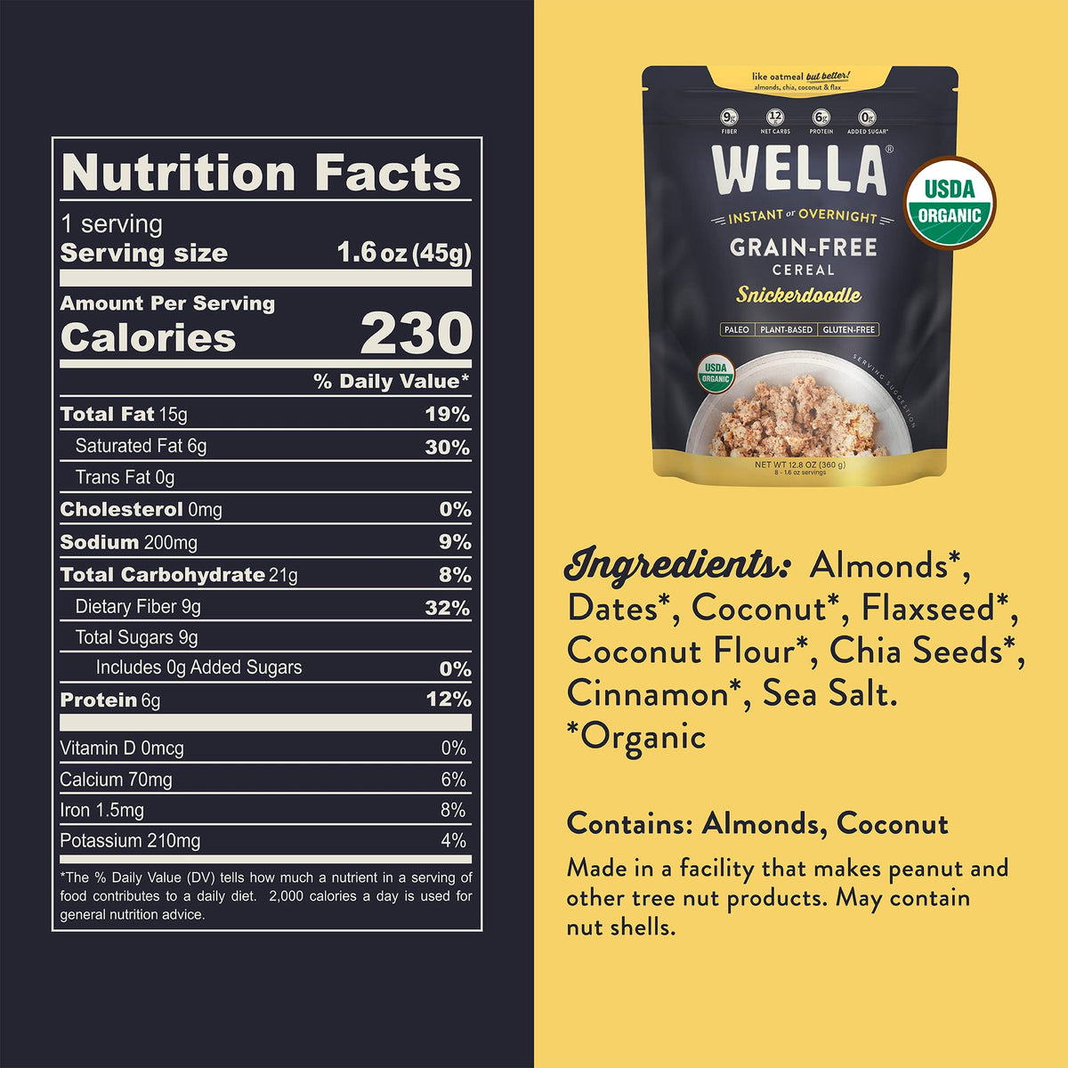 Wella Cereal Oatmeal Alternative, Gluten-Free Breakfast Hot Cereal, Grain-Free Paleo Organic Vegan High Protein Superfood, Plant-Based Non-GMO, Low in
