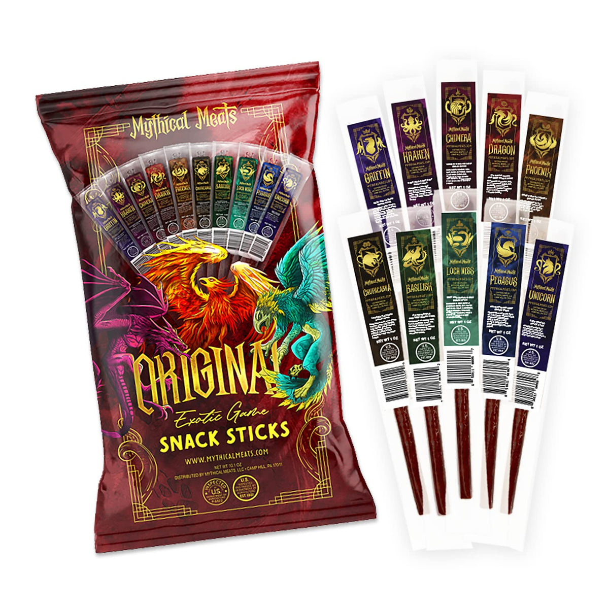 Mythical Meats Original Exotic Flavor Sampler Pack - 10 Exotic Game and Beef Snack Sticks - Dried & Dehydrated Meats Seasoned to Perfection - High