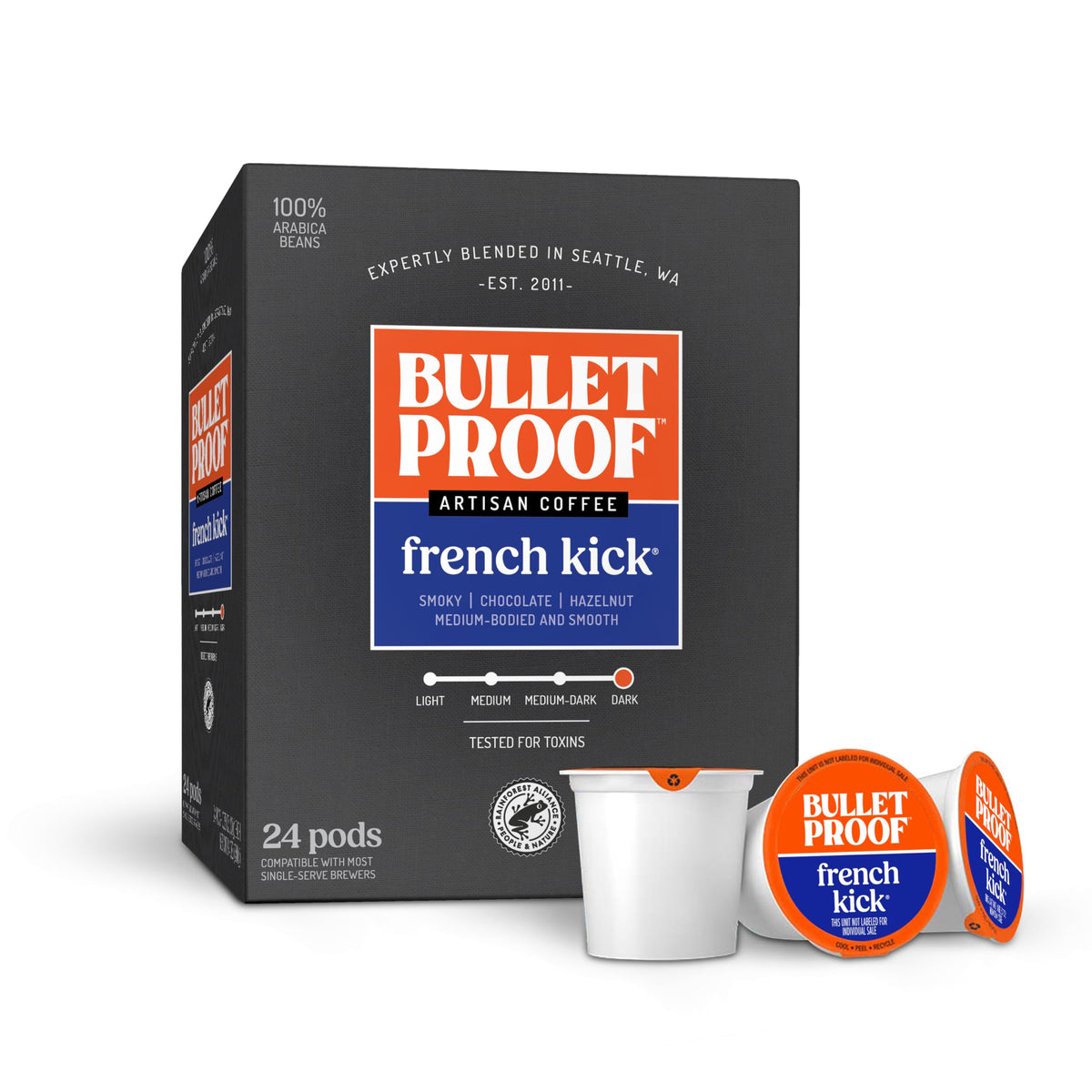 Bulletproof French Kick Dark Roast Single Serve Pods, 24 Count, 100% Arabica Coffee, Clean Coffee Tested for Toxins