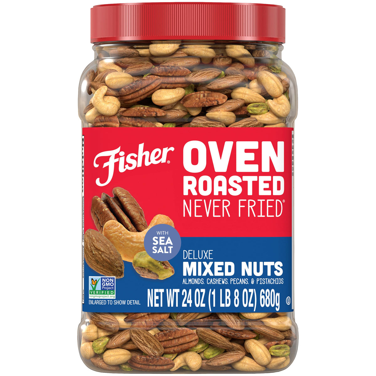 Fisher Oven Roasted Never Fried Deluxe Mixed Nuts, 24 Ounces (Pack of 1), Almonds, Cashews, Pecans, Pistachios, Healthy Snacks for Adults, Made