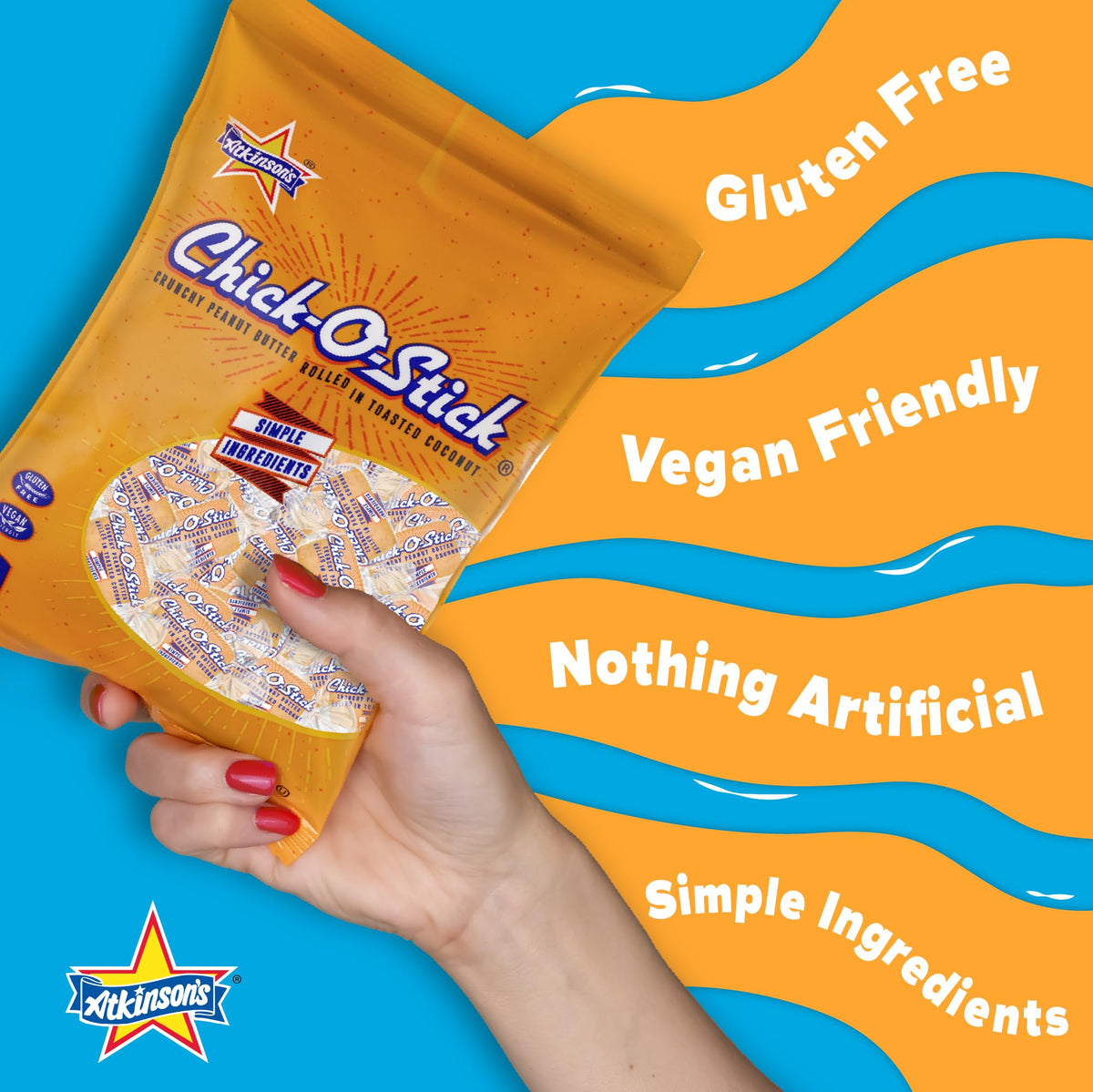 Atkinson's Sugar Free Chick-O-Stick Nuggets - Crunchy Peanut Butter Rolled in Toasted Coconut - Gluten Free, Kosher, Vegan - Bite Size Candy - 2 lb