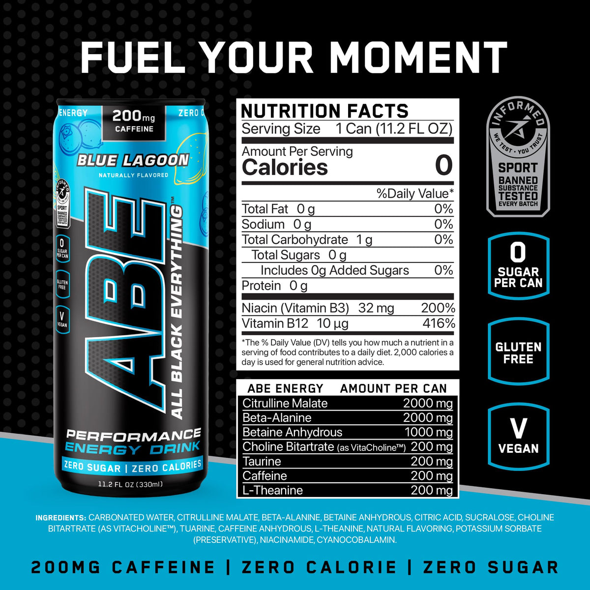 All Black Everything Sugar Free Energy Drink | Blue Lagoon | 0 Calories | 12 Pack | 200mg Natural Caffeine | Pre-Workout Sport Drink for Men and Women