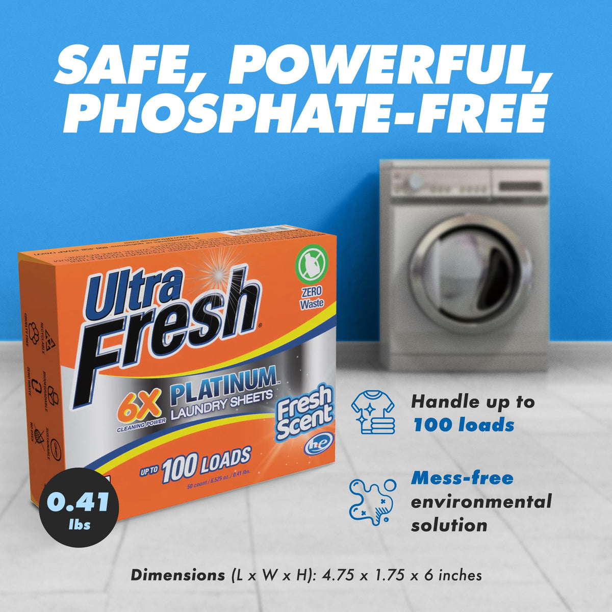 Ultra Fresh 50 Count Laundry Detergent Sheets for All Machine Types, 6X Platinum, Up to 100 Loads, Fresh Scent