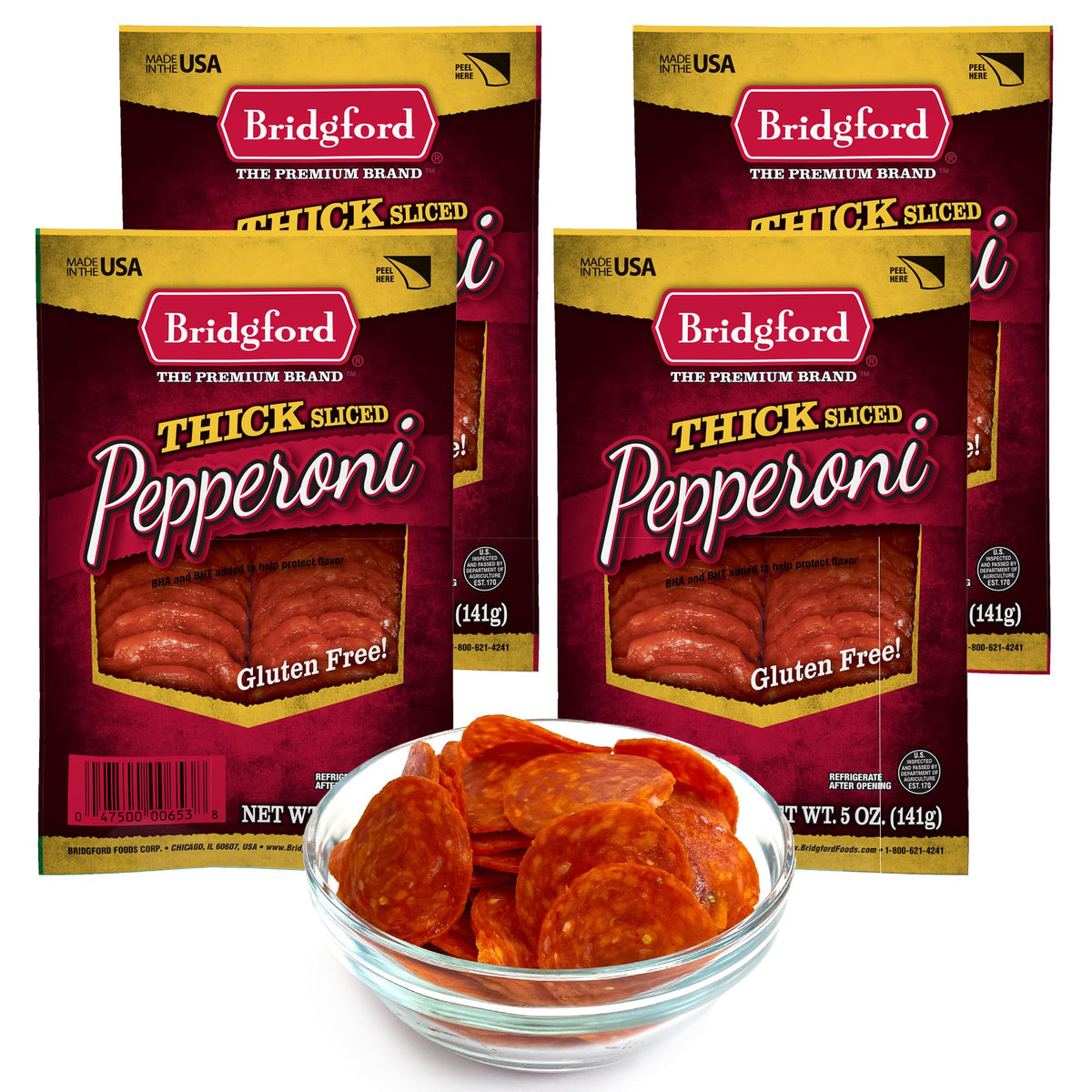 Bridgford Thick Sliced Pepperoni 5 oz Pack of 4 - Thick Pepperoni Slices for Pizza and Sandwiches - Zero-Carb Thick Sliced Pepperoni for Keto Diets