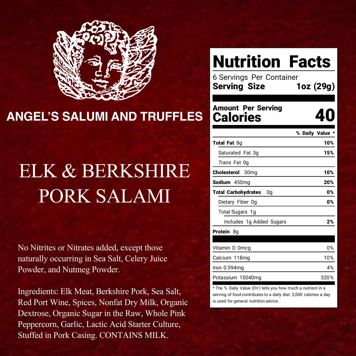 Angel's Salumi Elk & Berkshire Pork Salami - 5.5 oz Gourmet Artisanal Charcuterie - Humanely Raised, Vegetarian-Fed, MSG, Phosphate, Antibiotic