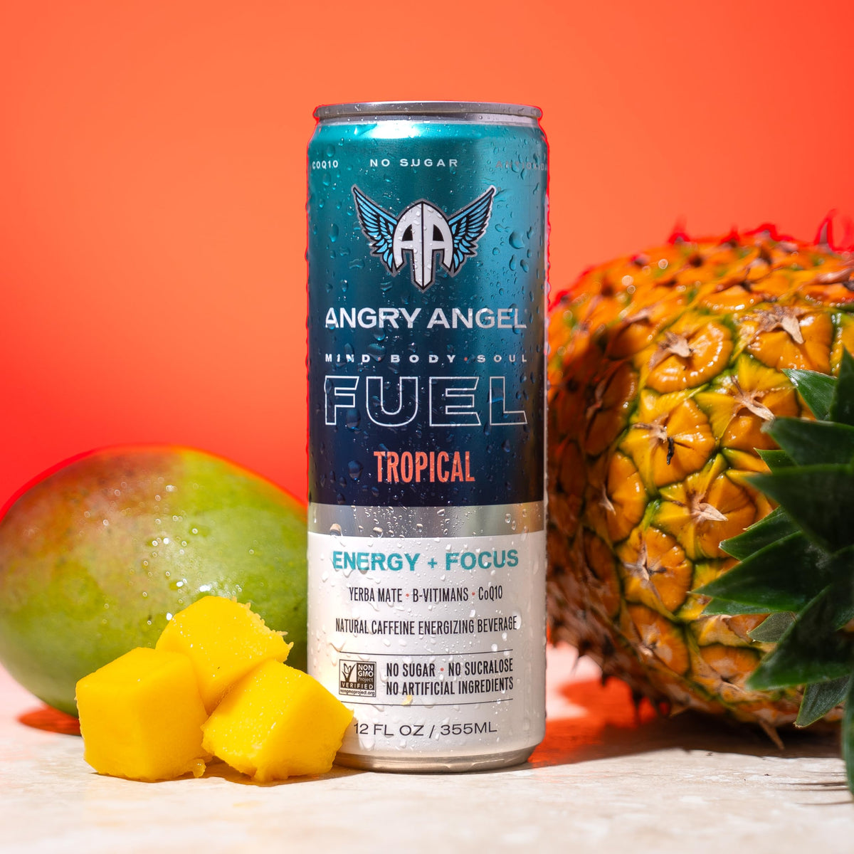 Angry Angel Tropical Natural Energy + Focus Drink (12 count) - Zero Sugar - Natural Caffeine from Yerba Mate - CoQ10 - B Vitamins - 12 oz Cans
