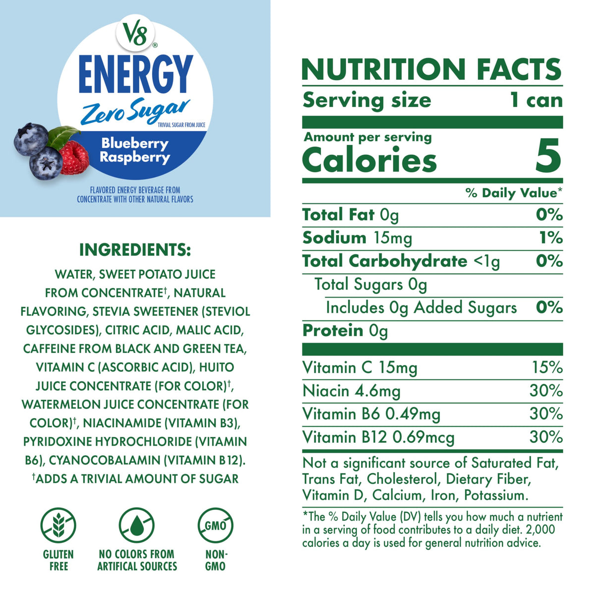 V8 Energy Zero Sugar Blueberry Raspberry, 11.5 fl. oz. Can (12 Pack)