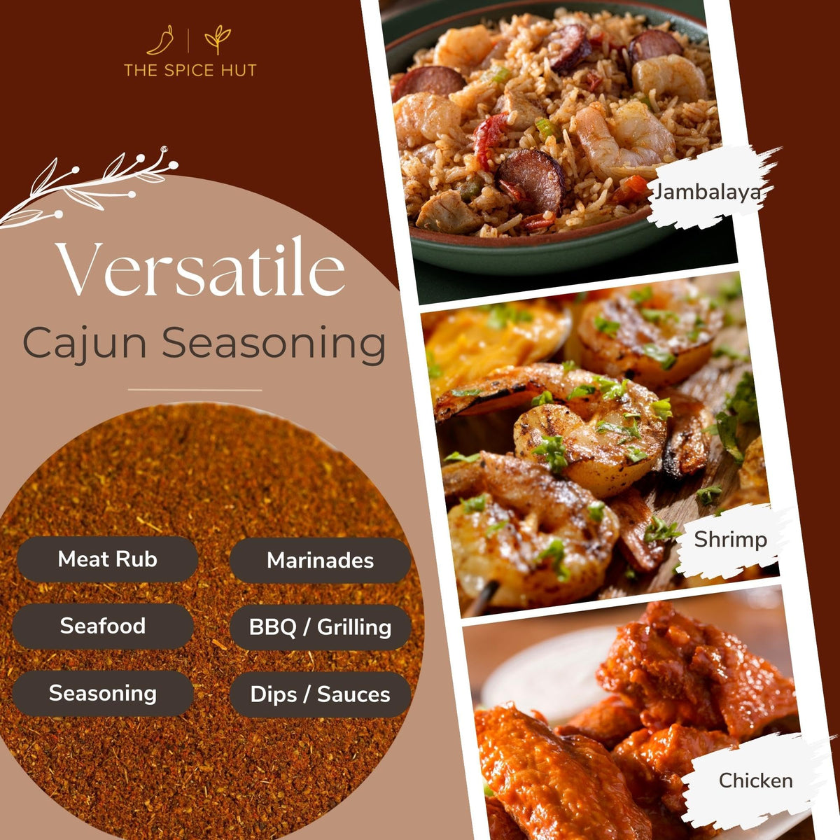 Spice Hut - Cajun Seasoning Mix Organic, No Salt, Louisiana Spice Blend for Cooking Flavorful Southern Soul Food, Turkey, Fries, Meat, Veggie Dishes