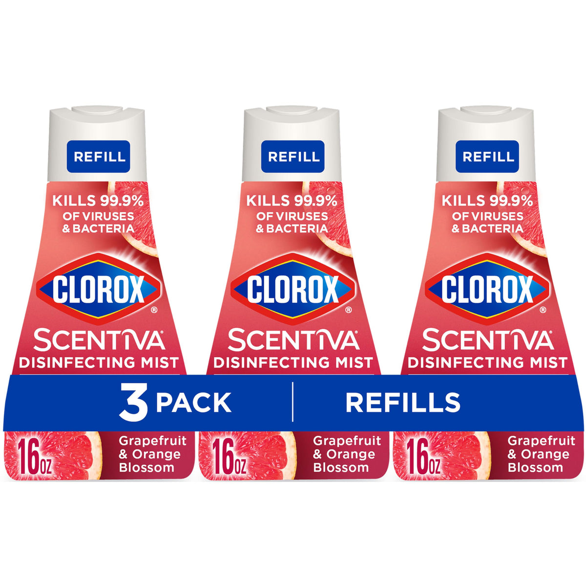 Clorox Scentiva Disinfecting Mist, Grapefruit and Orange Blossom, Refill, 16 Fl Oz Each, Pack of 3