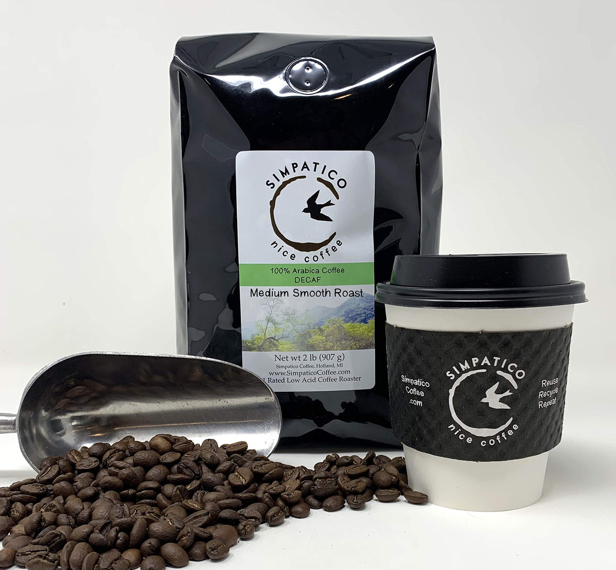Simpatico Low Acid Coffee - DECAF - Medium - WHOLE BEAN (2 pound bag)