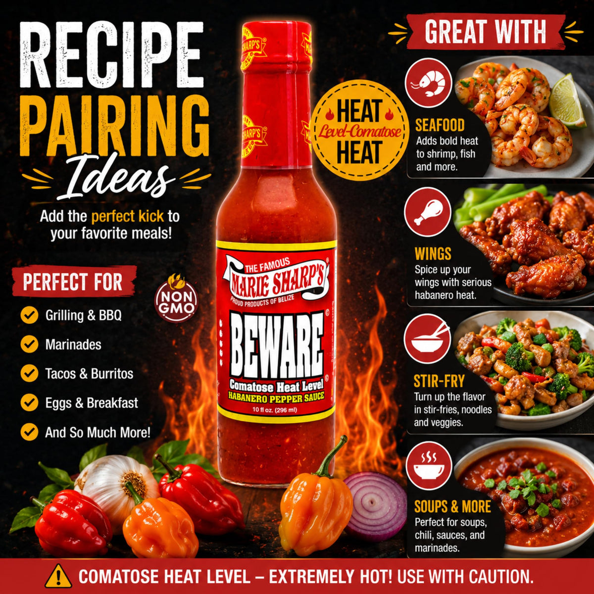 Marie Sharp’s BEWARE Comatose Heat Level Habanero Pepper Sauce, 10 oz | Extreme Heat Hot Sauce from Belize | All-Natural, No Preservatives