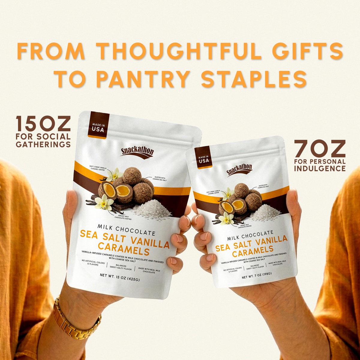 Snackathon Milk Chocolate Sea Salt Vanilla Caramels, 15 oz, Vanilla Infused Chocolate Covered Caramels Made in Small Batch, Sweet & Salty Snacks in