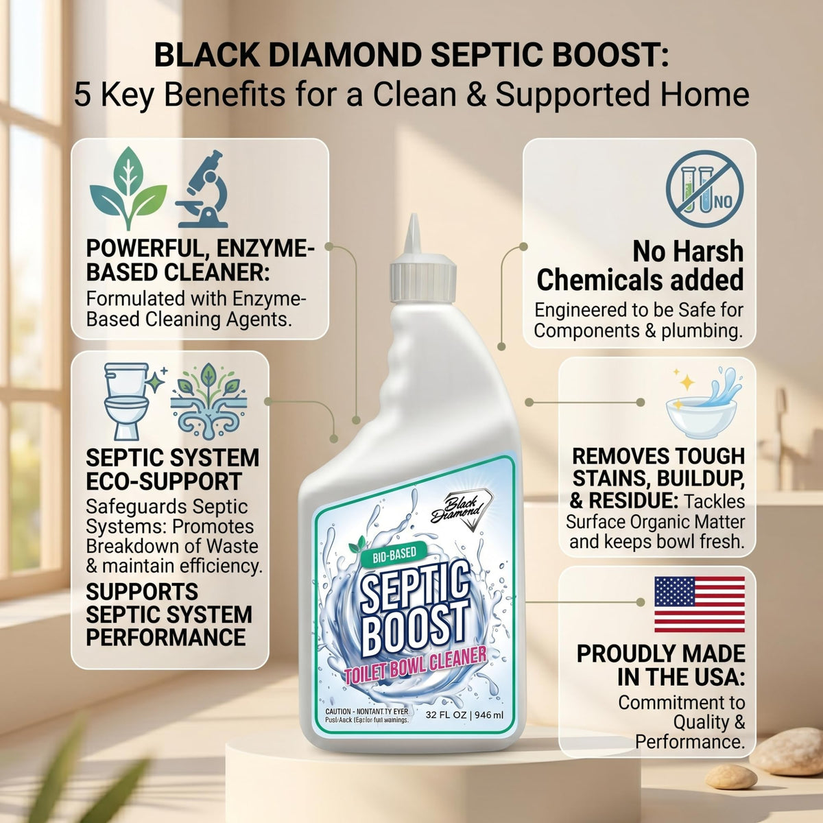 Septic Safe Toilet Bowl Cleaner - Septic Boost Acid-Free Toilet Cleaner with Enzymes for Septic Tank Treatment - Effective Cleaning & Deodorizing