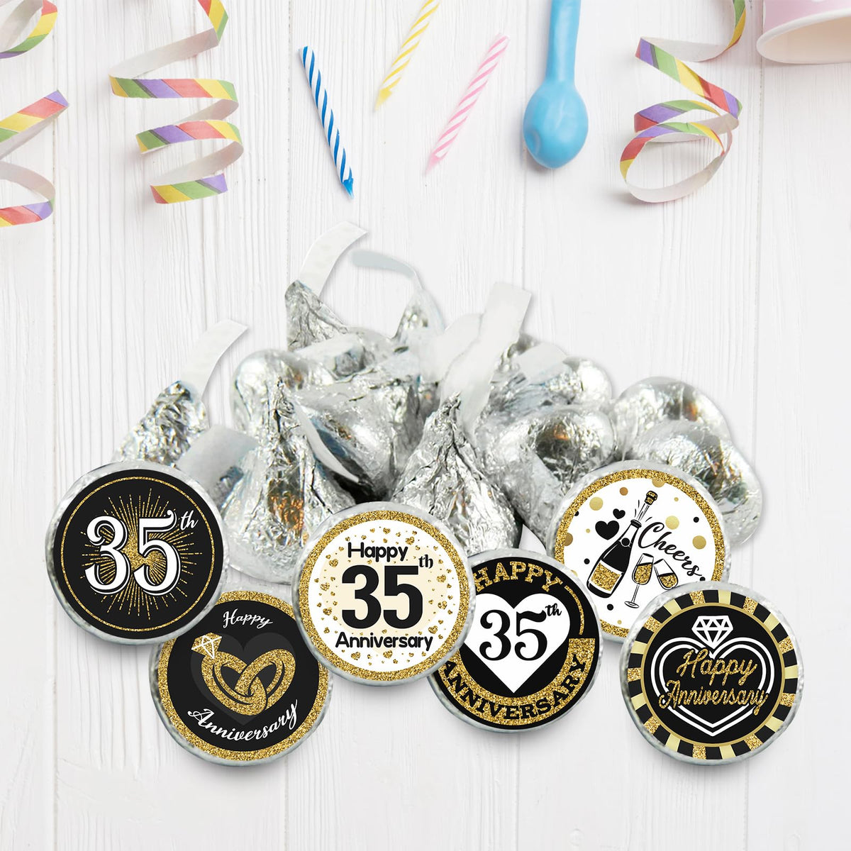 Black and Gold 35th Anniversary Kisses Stickers, 180 Count 0.75" Round Candy Labels, Chocolate Favor Stickers for 35th Wedding Anniversary Party