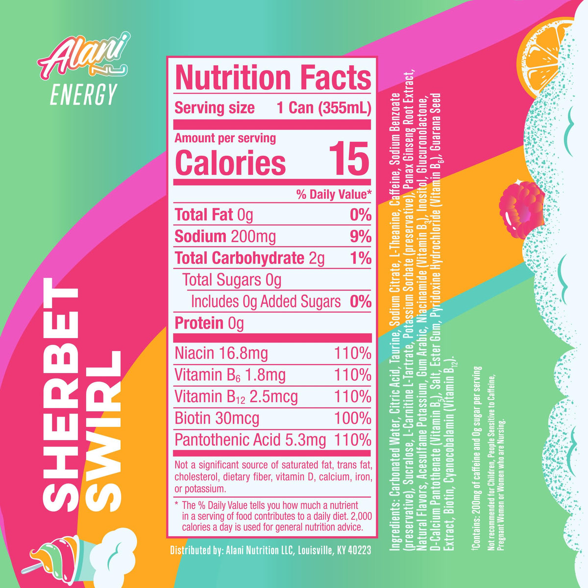 Alani Nu Energy Drink, Sherbet Swirl, 12 Fl Oz, Zero Sugar, Gluten Free, Vegan, B Vitamins