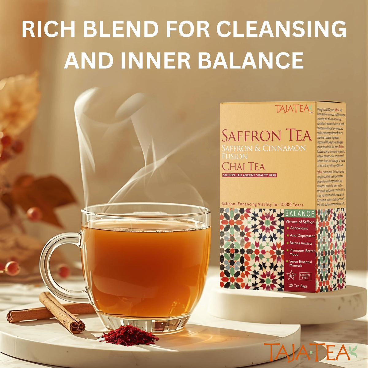 Taja Saffron Tea - Saffron & Cinnamon Fusion Chai, Balanced Wellness Blend for Mindful Comfort, Mood Boost, Decaffeinated | Gluten Free | Kosher, 20