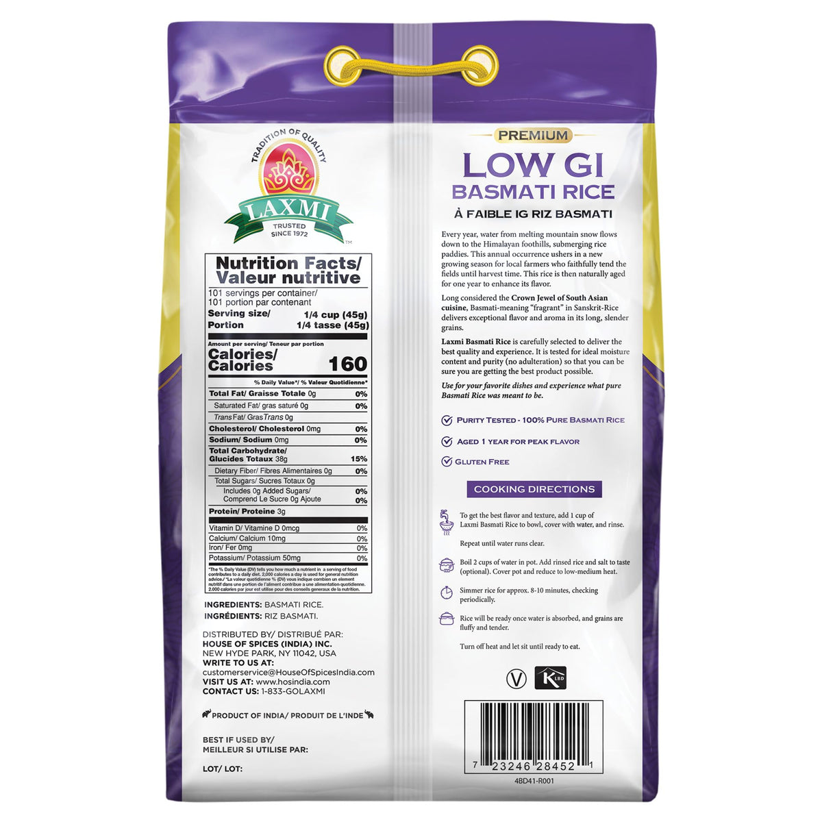 Laxmi Diabetic Friendly Basmati Rice w/Lower G.I. Index Value - 10lb