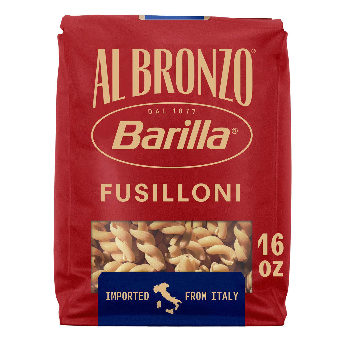 Barilla Al Bronzo Fusilloni Pasta (1 lb), Bronze Cut Pasta Created from High Quality Durum Wheat, Imported from Italy, Non-GMO, Kosher