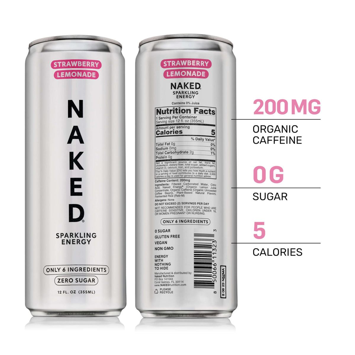 Naked Sparkling Energy Drink, Strawberry Lemonade, 12oz Cans (12 Pack)