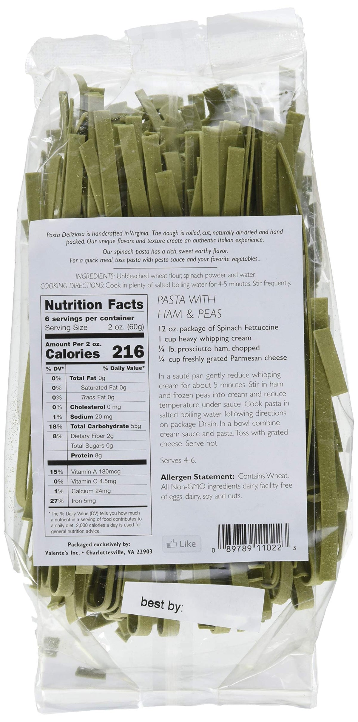 Pasta Deliziosa! Handcrafted Pasta, Spinach Fettuccine, 12 Ounce