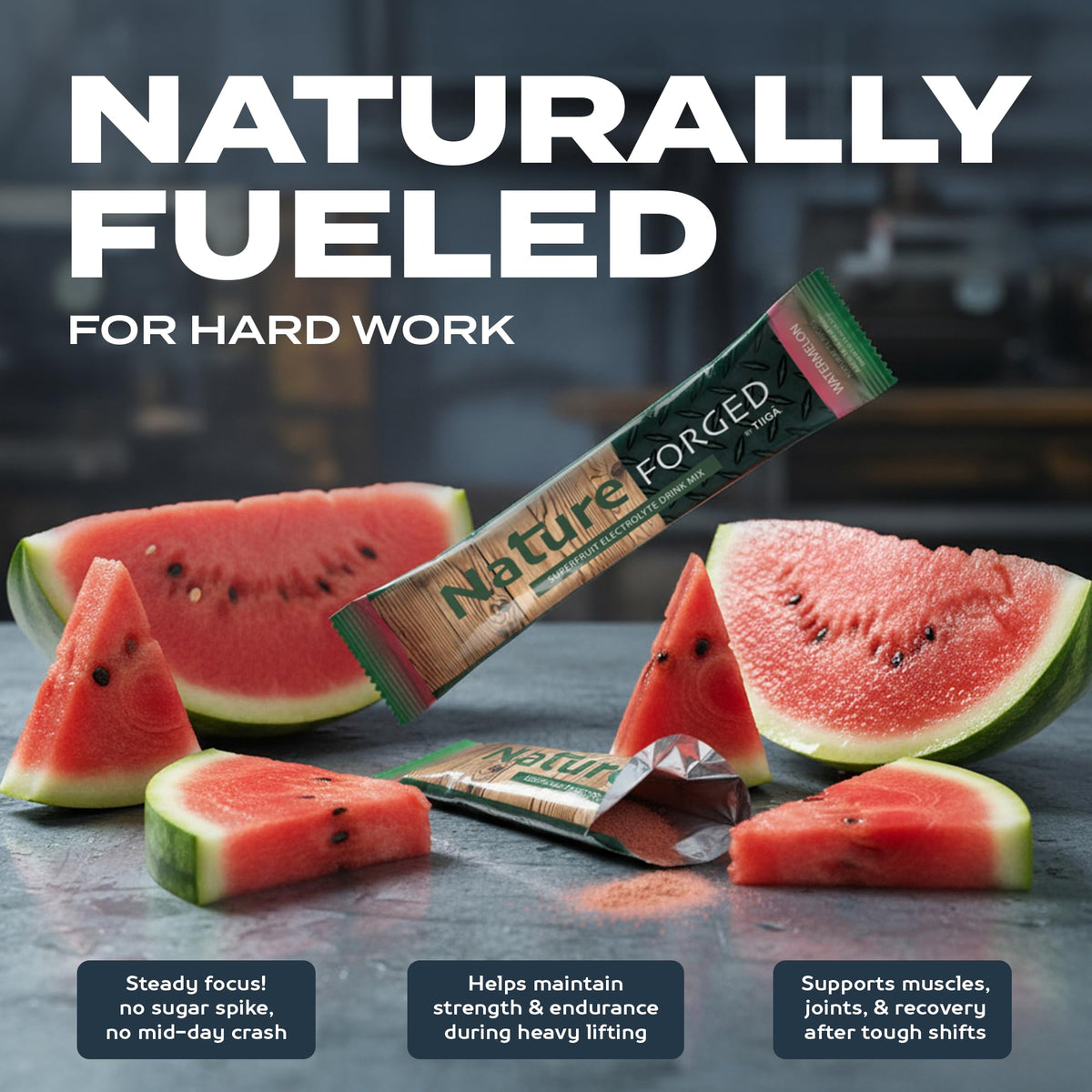 Tiiga Nature Forged Zero Sugar Electrolyte Drink Mix - Watermelon Hydration Powder, Superfruit Electrolytes, Sugar Free Sports Drink, 25 Stick Packs