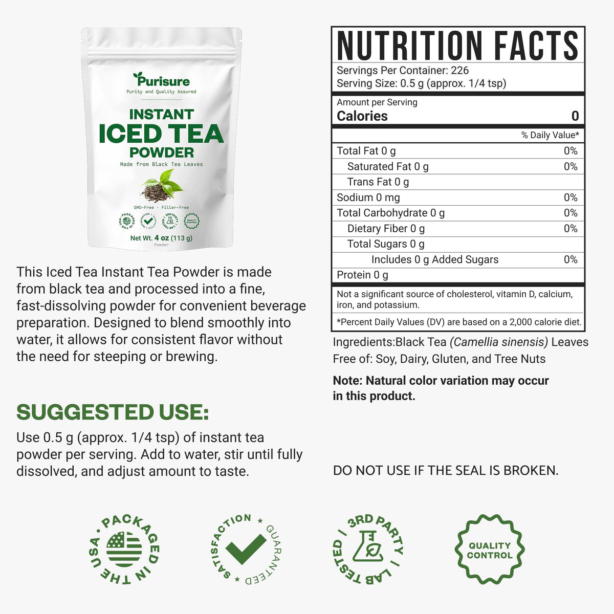 Purisure Unsweetened Instant Black Iced Tea Powder - Made from Real Tea Leaves, No Lemon Flavor, Sugarless, Zero- Calories, Dissolves in Cold Water