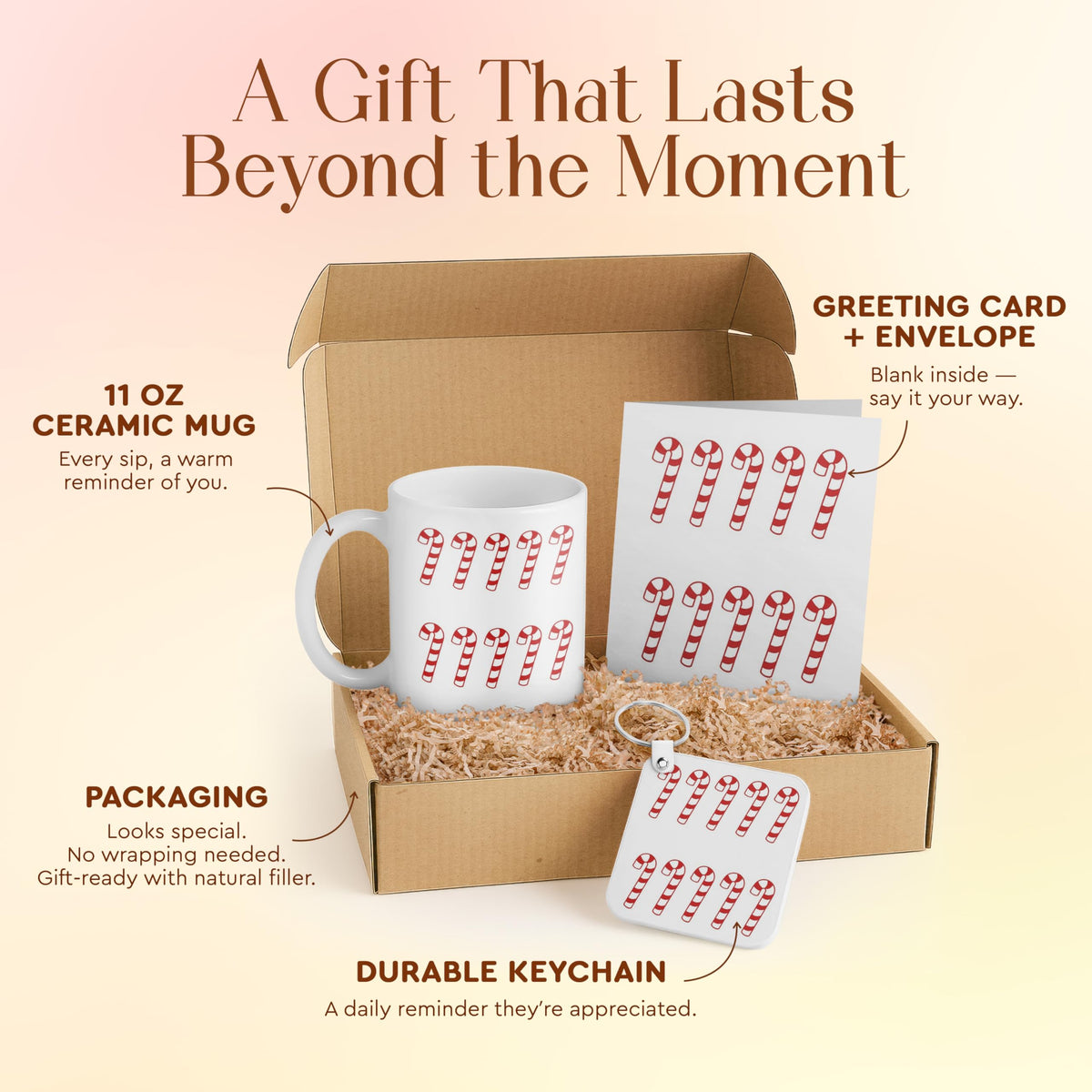 3dRose Candy Cane Christmas Gift Set with Mug, Keychain, and Card - Perfect for Holiday Parties and Secret Santa