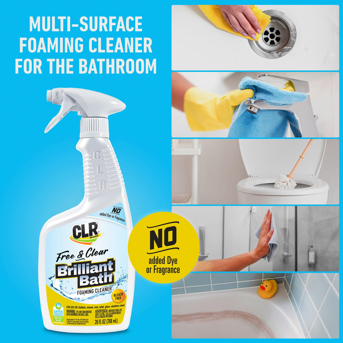 CLR Brands® Brilliant Bath Foaming Bathroom Cleaner Spray Free & Clear, No Added Dyes or Fragrances, Soap Scum and Hard Water Stain Remover, Use on