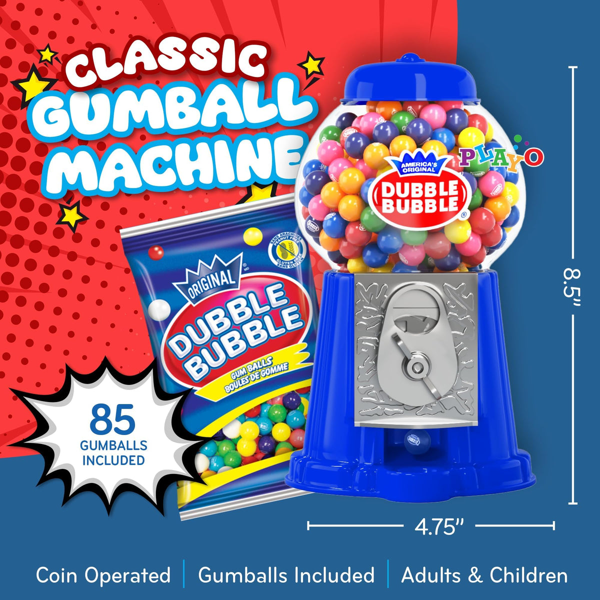 Gumball Machine For Kids 8.5" - Candy Dispenser Machine Includes 85 Gum Balls - Coin Operated Double Bubble Gum Machine And Toy Bank - Mini Gumball