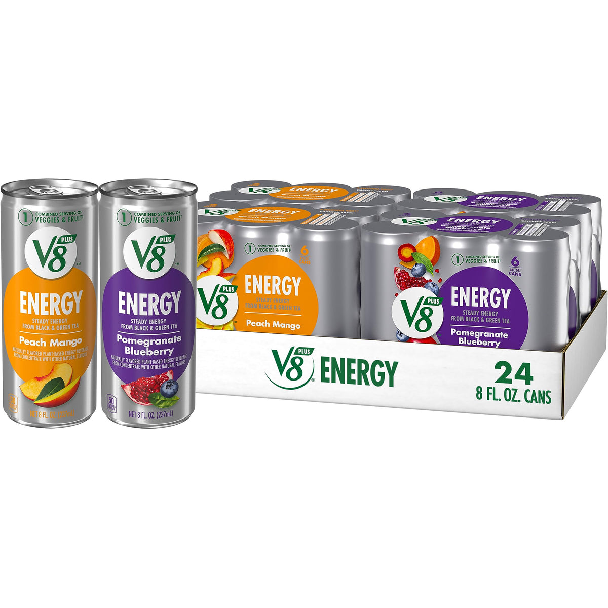 V8 Energy Pomegranate Blueberry and Peach Mango Energy Drinks, 8 fl oz Can (24 Pack)