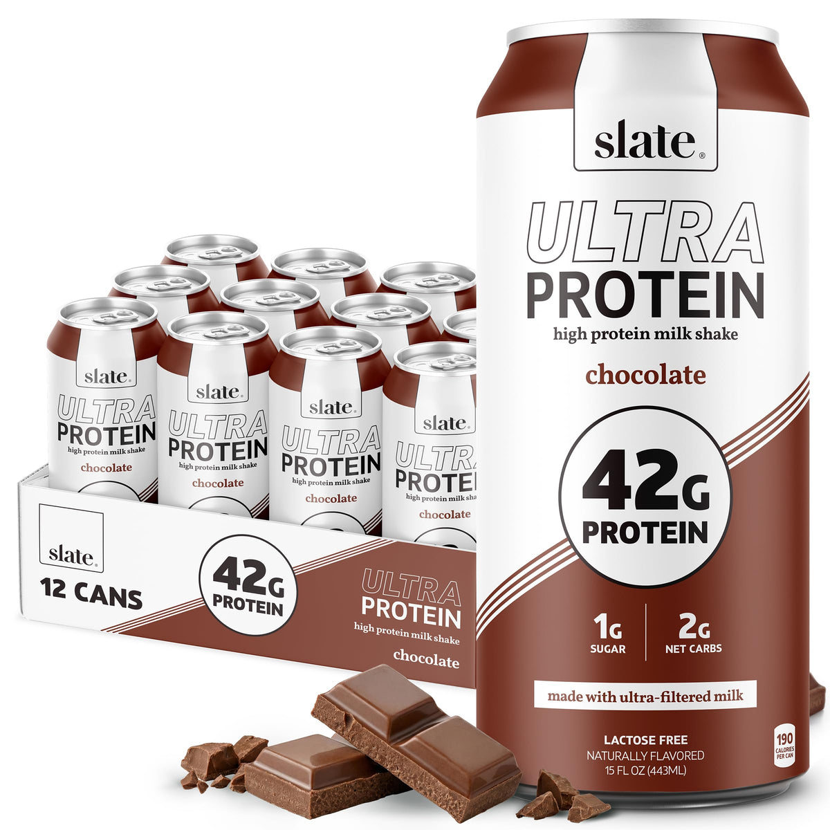 Slate Milk - Ultra Protein Shake - Chocolate - 42g Protein, 1g Sugar, 190 Calories, 2g Net Carbs - Lactose Free, No Added Sugar - Made with Ultra