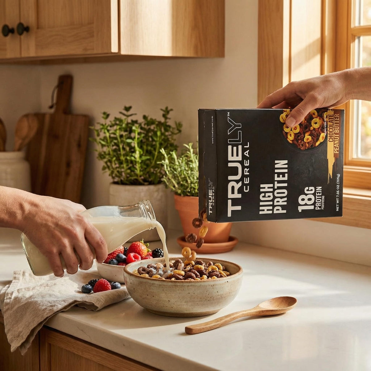 Truely Cereal Chocolate Pb - 2 Pack 7.05 oz Boxes - Protein for Breakfast - High Protein Snack - Protein Option - Truely Cereal with a Random Item