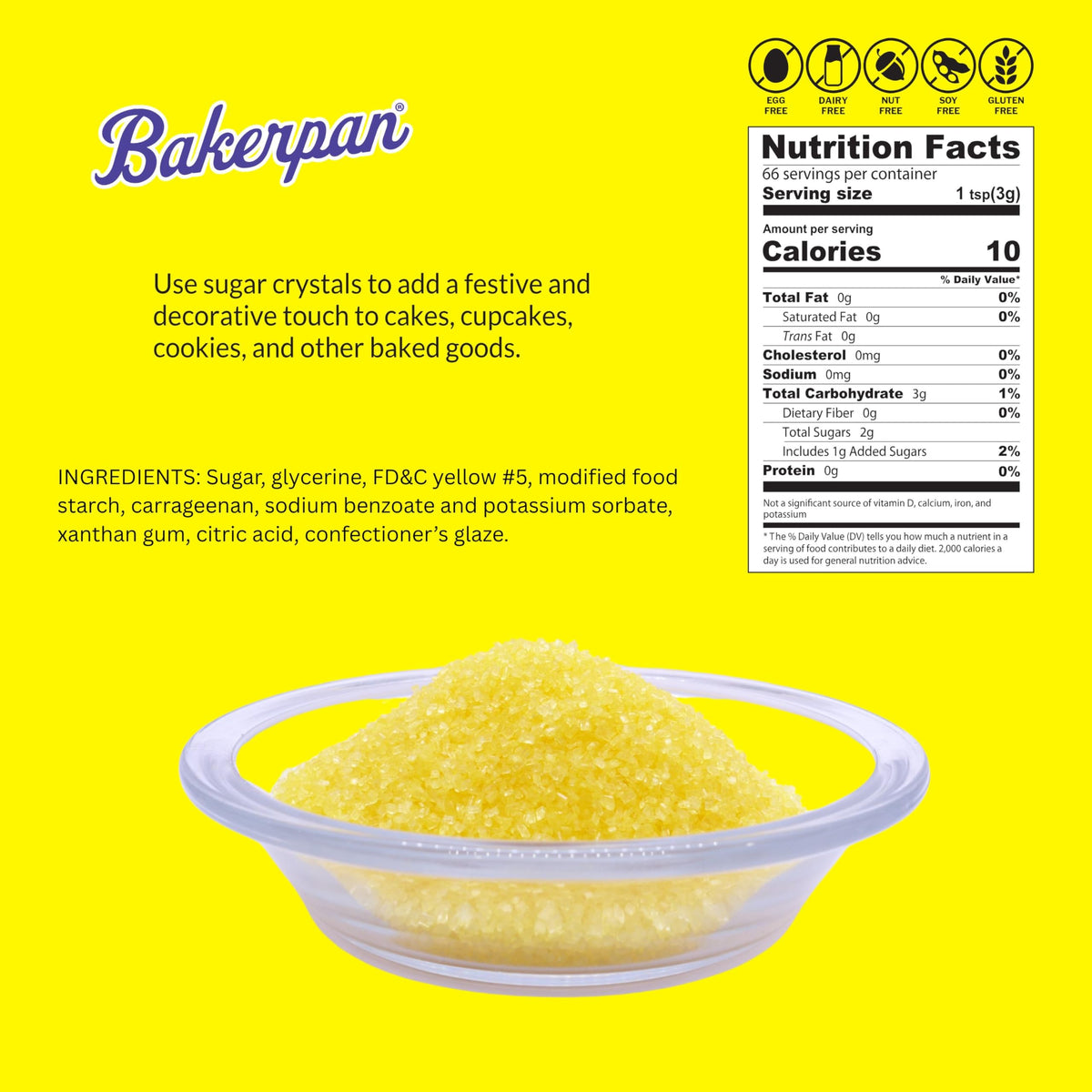 Bakerpan Sugar Sprinkles for Baking - 7 Ounce Lemon Yellow Decorating Sugar Crystals for Cookies, Cake Pops, Ice Cream (Made in USA)