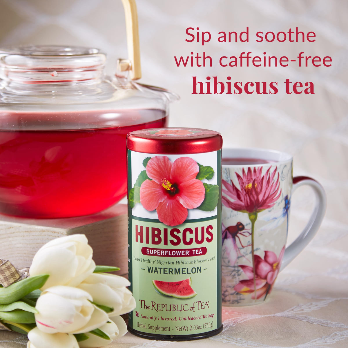 The Republic of Tea Hibiscus Watermelon Superflower Herbal Tea, 36 Tea Bags, Citrus Berry Flavored Tea