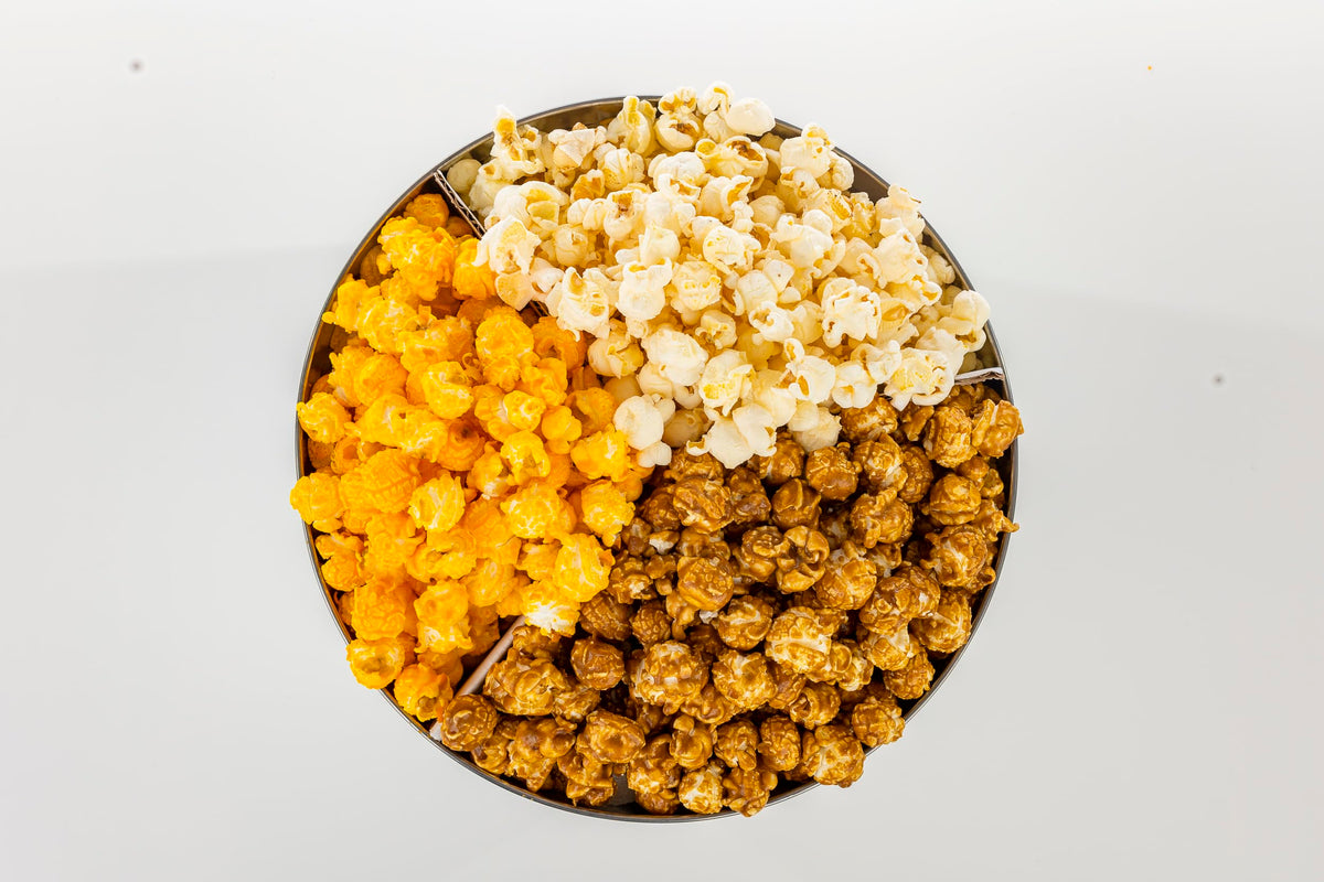 2 Gallon Popcorn Tin Gift - 3 Kinds (Cheese/Caramel/Salt & Butter) Gourmet Popcorn Gift Tin - Popcorn Gift Set