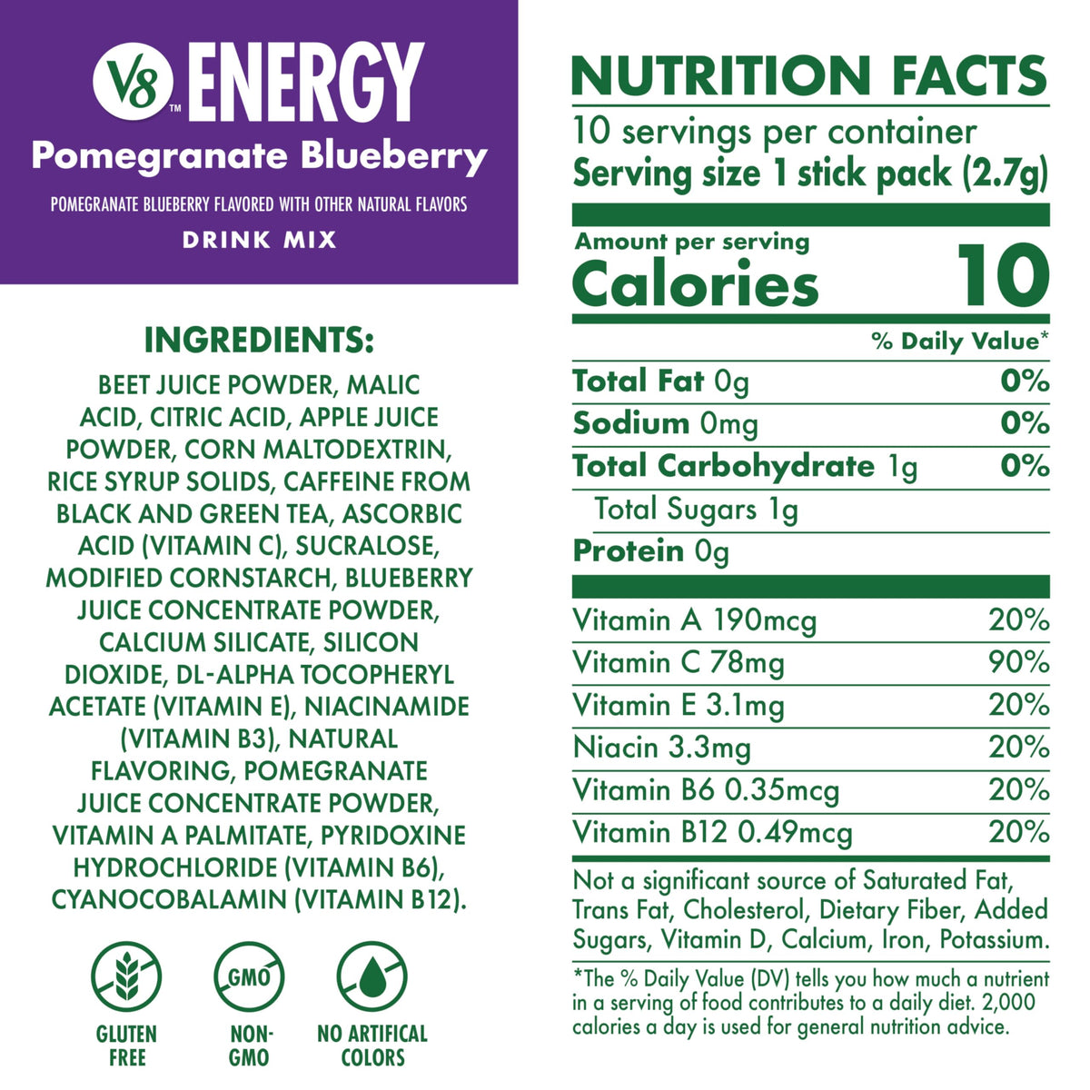V8 Energy Pomegranate Blueberry Energy Drink Powder, .10 oz Packet (120 Count)