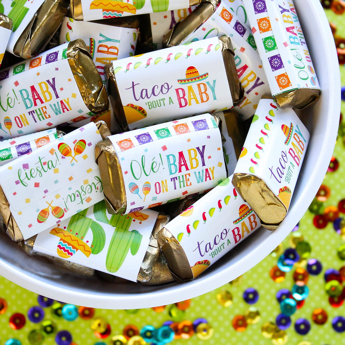 Taco Bout a Baby Fiesta Baby Shower Mini Chocolate Candy Bar Wrapper Labels - Mexican Fiesta Party Favor Stickers - 42 Count